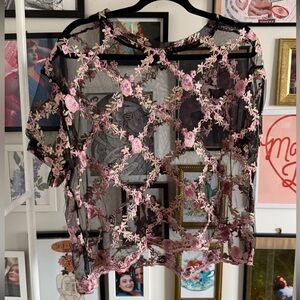 Love J Black Sheer Mesh Top with Pink Floral Embroidery Size XL
